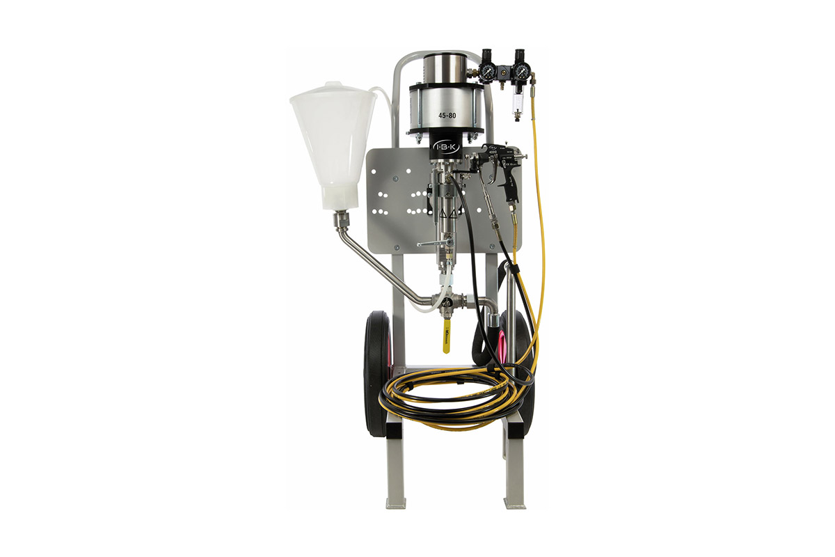 Pneumatische Kolbenpumpe auf Fahrgestell für die Verarbeitung von Kleinmengen und optional ansaugen aus Materialgebinde